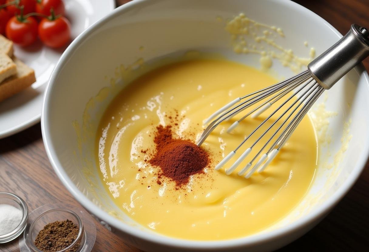 Creamy egg yolk mixture prepared for Deviled Eggs for Easter Brunch recipe.