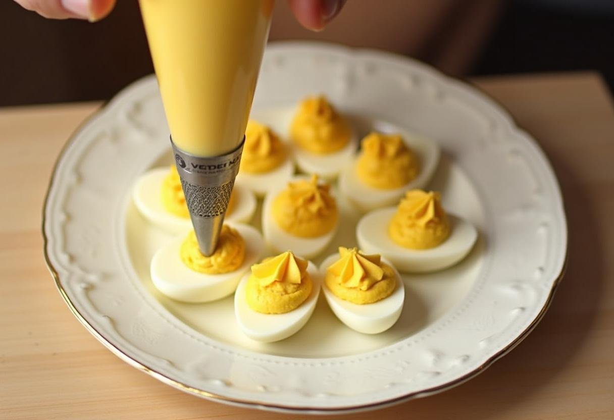 Piping bag prepared with egg yolk mixture for filling Deviled Eggs for Easter Brunch.