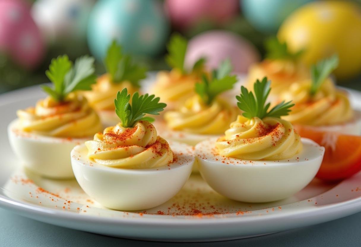 A platter of beautifully garnished Deviled Eggs ready for Easter Brunch festivities.