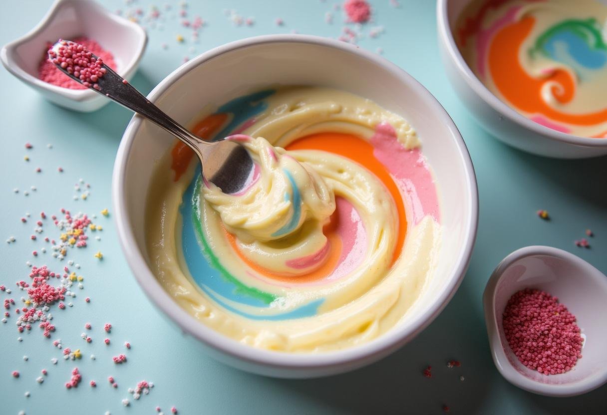 Colorful cream cheese mixture for swirling in Doctor Strange's brownies.