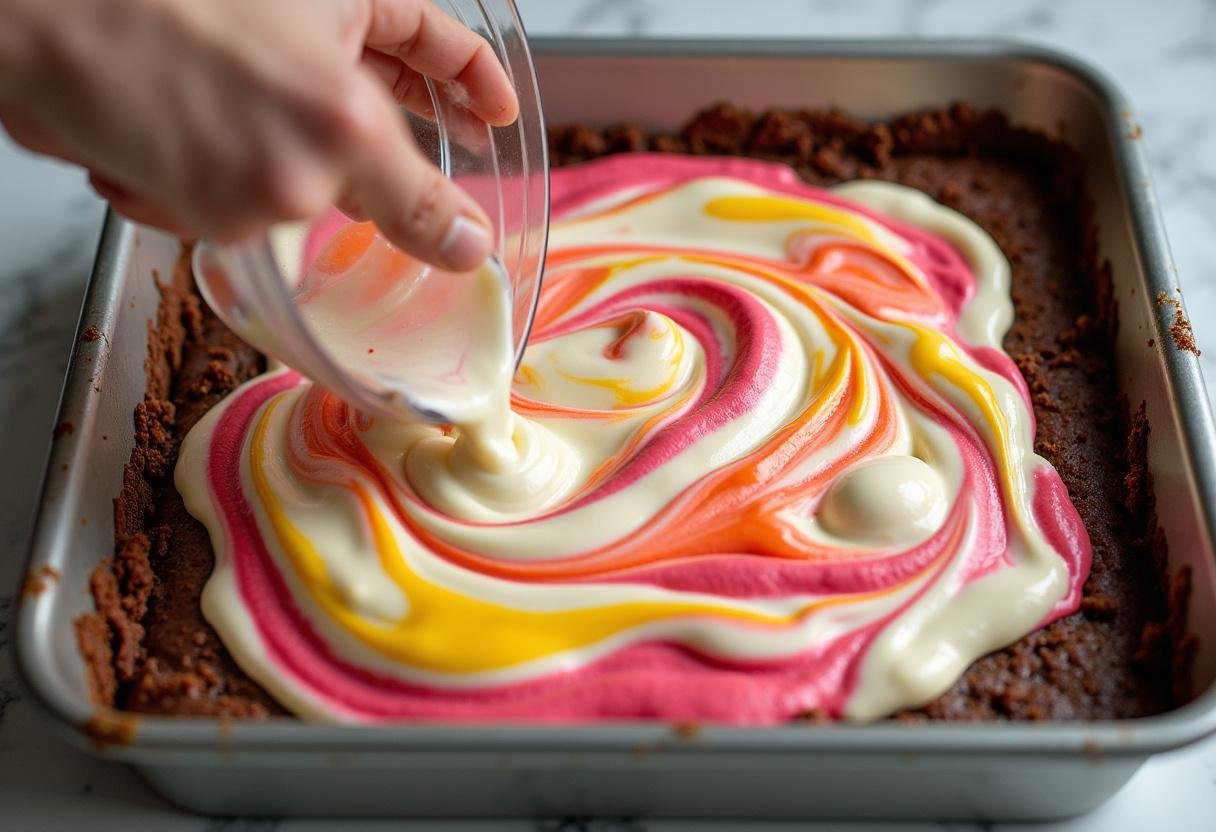 Brownie batter and cream cheese swirl being combined in preparation for baking Doctor Strange brownies.