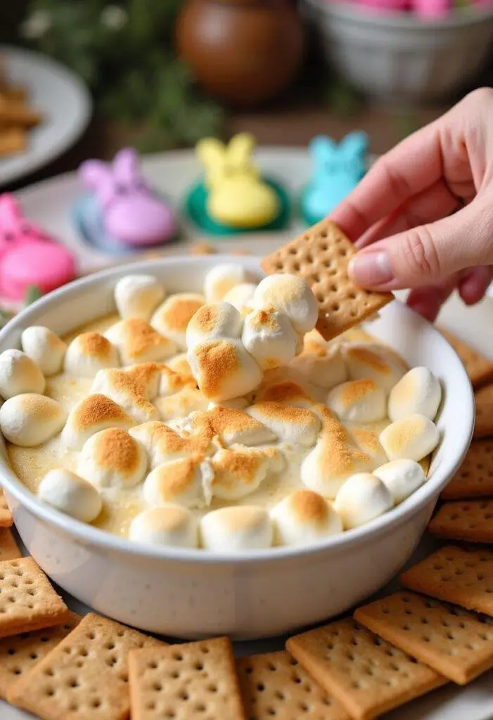 Delicious Easter Peeps S'mores Dip ready to serve, perfect for Easter gatherings.