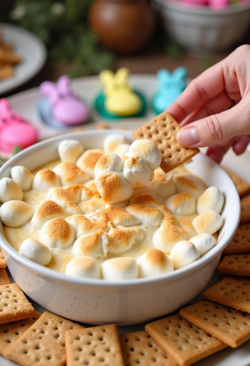 Delicious Easter Peeps S'mores Dip ready to serve, perfect for Easter gatherings.