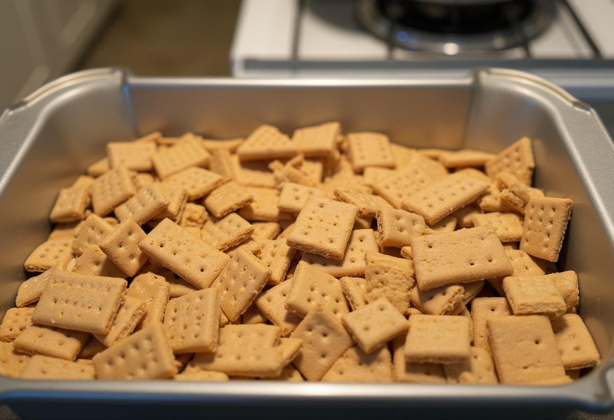 Graham cracker pieces arranged in a baking dish for Easter Peeps S'mores Dip.