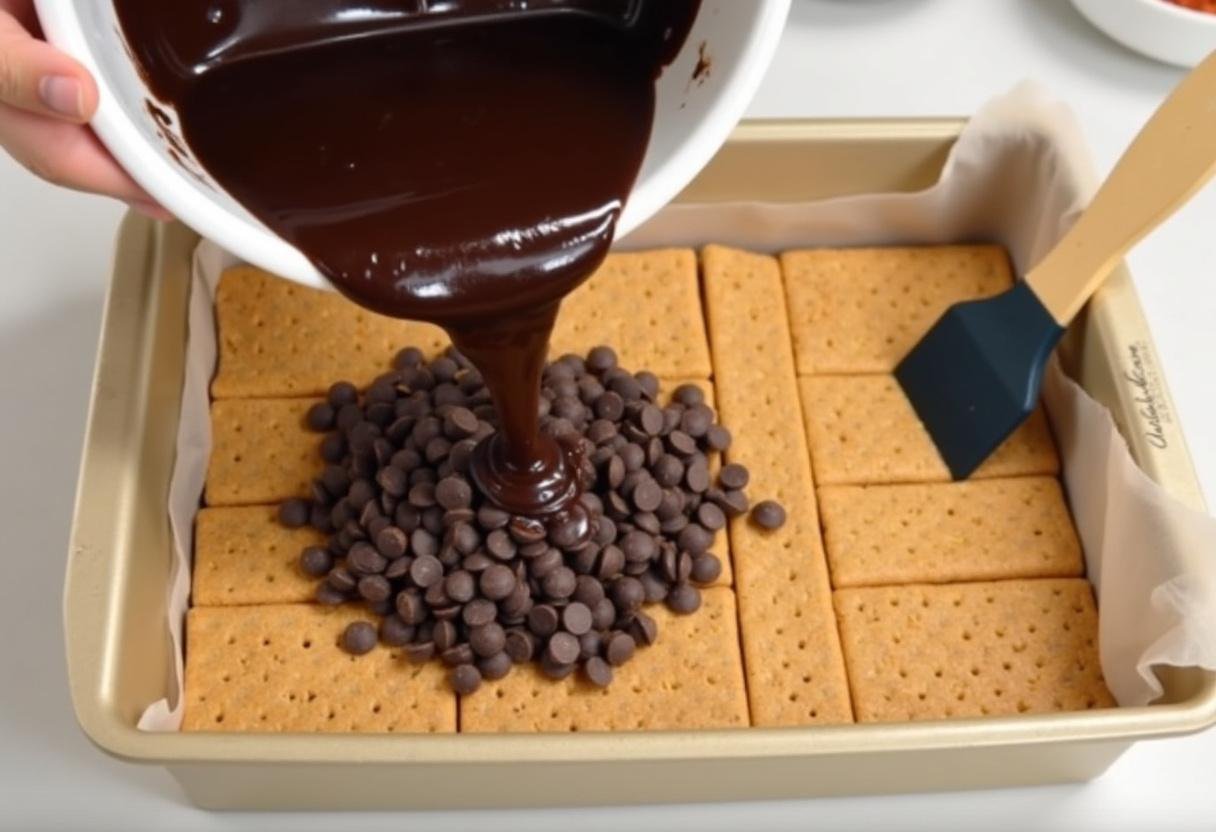 Chocolate chips added to graham crackers for S'mores Dip recipe with Easter Peeps.