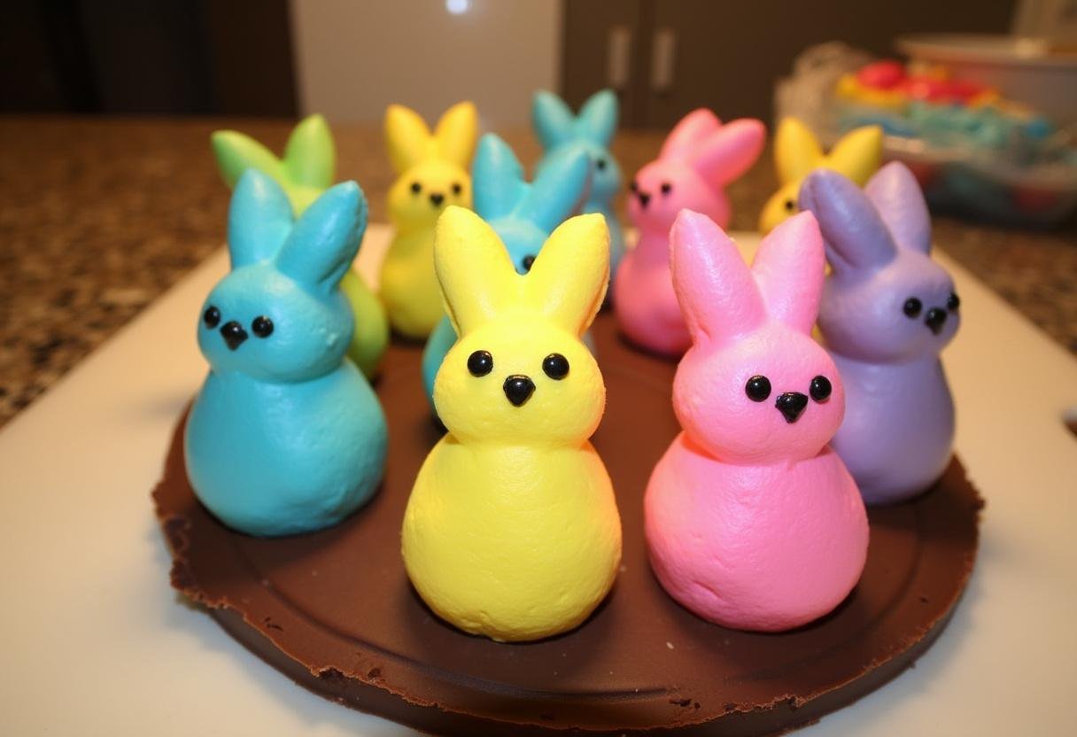Easter Peeps arranged on a cutting board, preparing for S'mores Dip.
