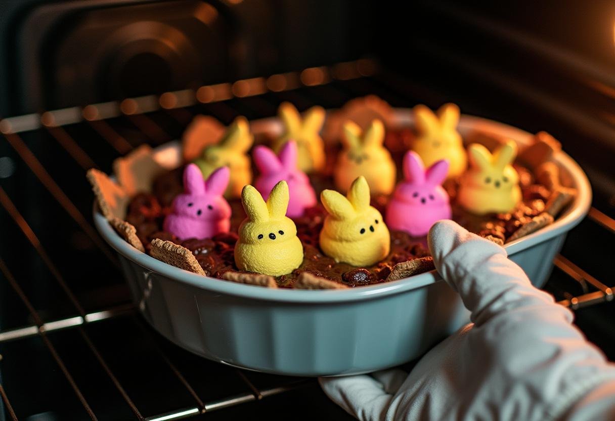 Baking dish with Easter Peeps S'mores Dip mixture being put into the oven for baking.
