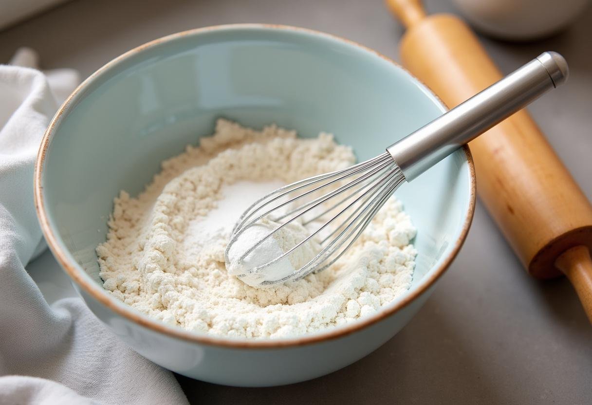 Ingredients for Easter Sugar Cookies including flour, sugar, and baking powder on a kitchen counter.