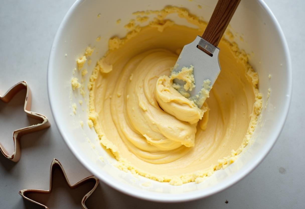 Creamed butter and sugar mix for Easter Sugar Cookies, with cookie cutters ready for shaping.