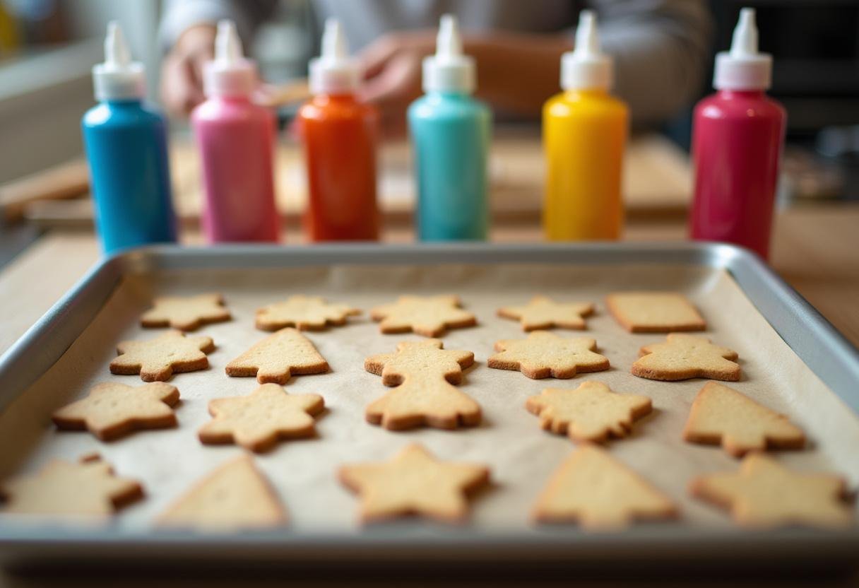Baking tray filled with unbaked Easter Sugar Cookies ready to be baked in the oven.