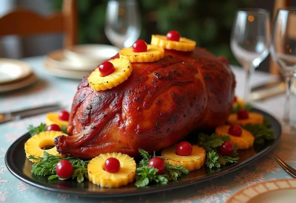 Finished Easter Sunday Ham with Pineapple Glaze, a centerpiece for Easter celebration meals.
