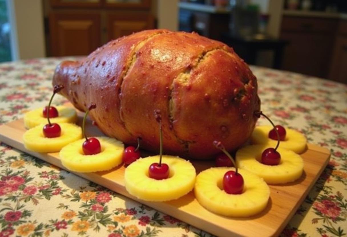 Cooked ham ready for preparation with pineapple rings and cherries for Easter Sunday Ham with Pineapple Glaze.