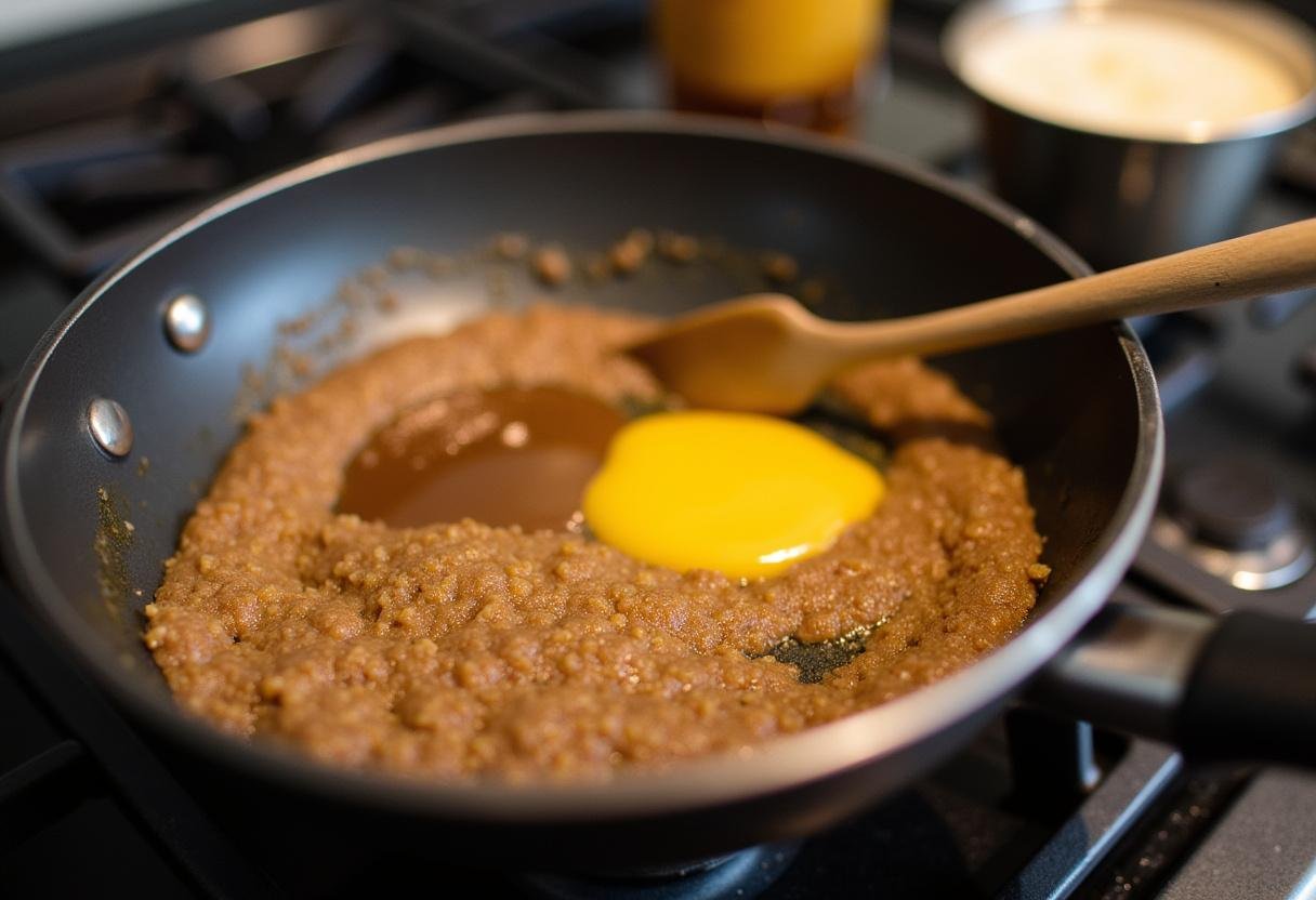Preparing the pineapple glaze for Easter Sunday Ham with a mixture of brown sugar, honey, and mustard in a saucepan.