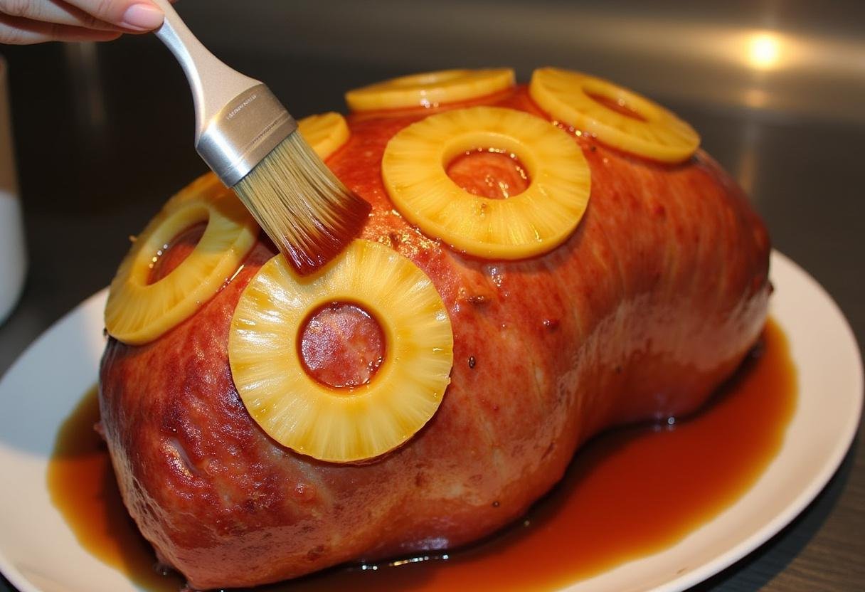Brushing pineapple glaze onto the ham, adding pineapple rings for Easter Sunday Ham preparation.