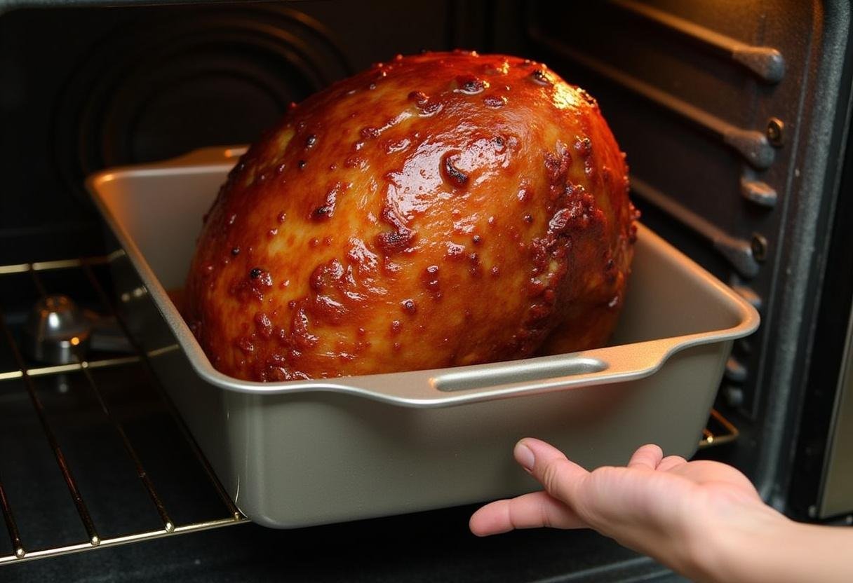 Glazed Easter Sunday Ham being transferred to the oven for baking.