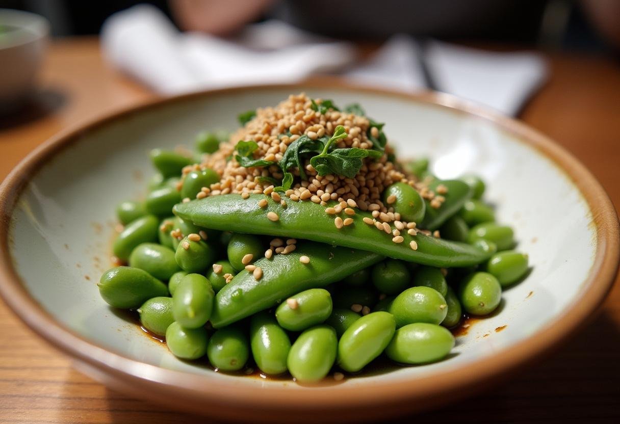 Delicious edamame salad served in a bowl, garnished with sesame seeds and fresh herbs.