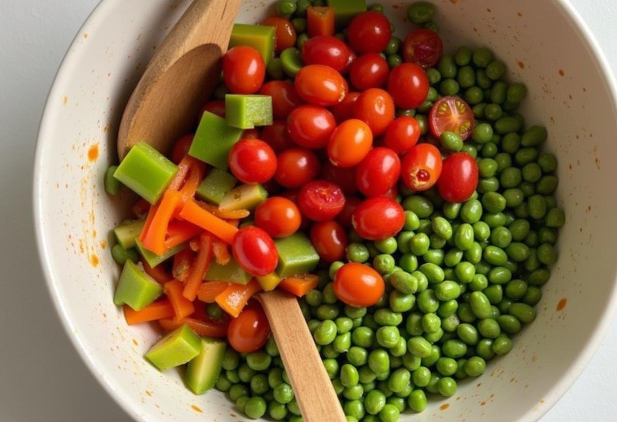 Fresh vegetables being mixed with edamame for a delicious edamame salad.