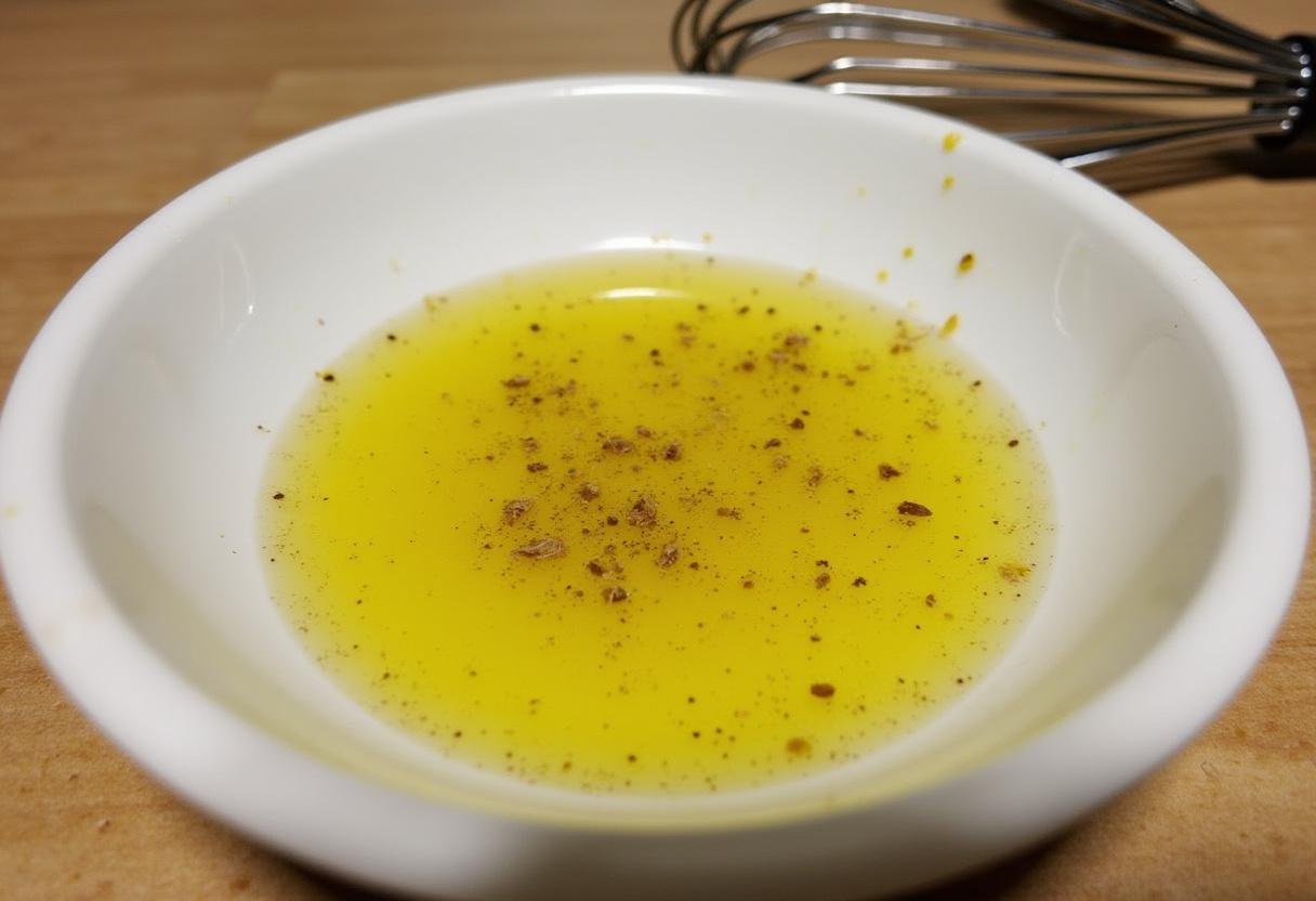 Homemade dressing prepared for drizzling over edamame salad ingredients.