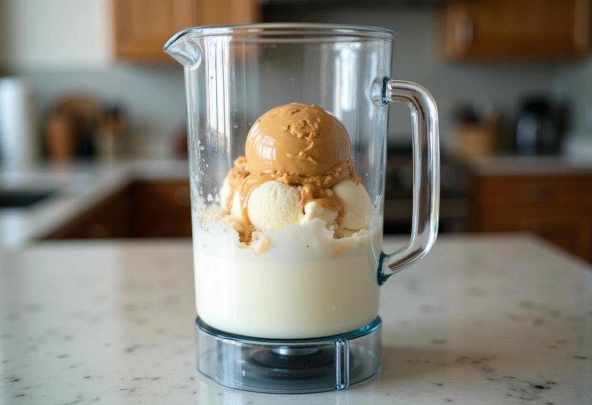 Ingredients for Epic Peanut Butter Chocolate Milkshake in blender including peanut butter, vanilla ice cream, and milk.