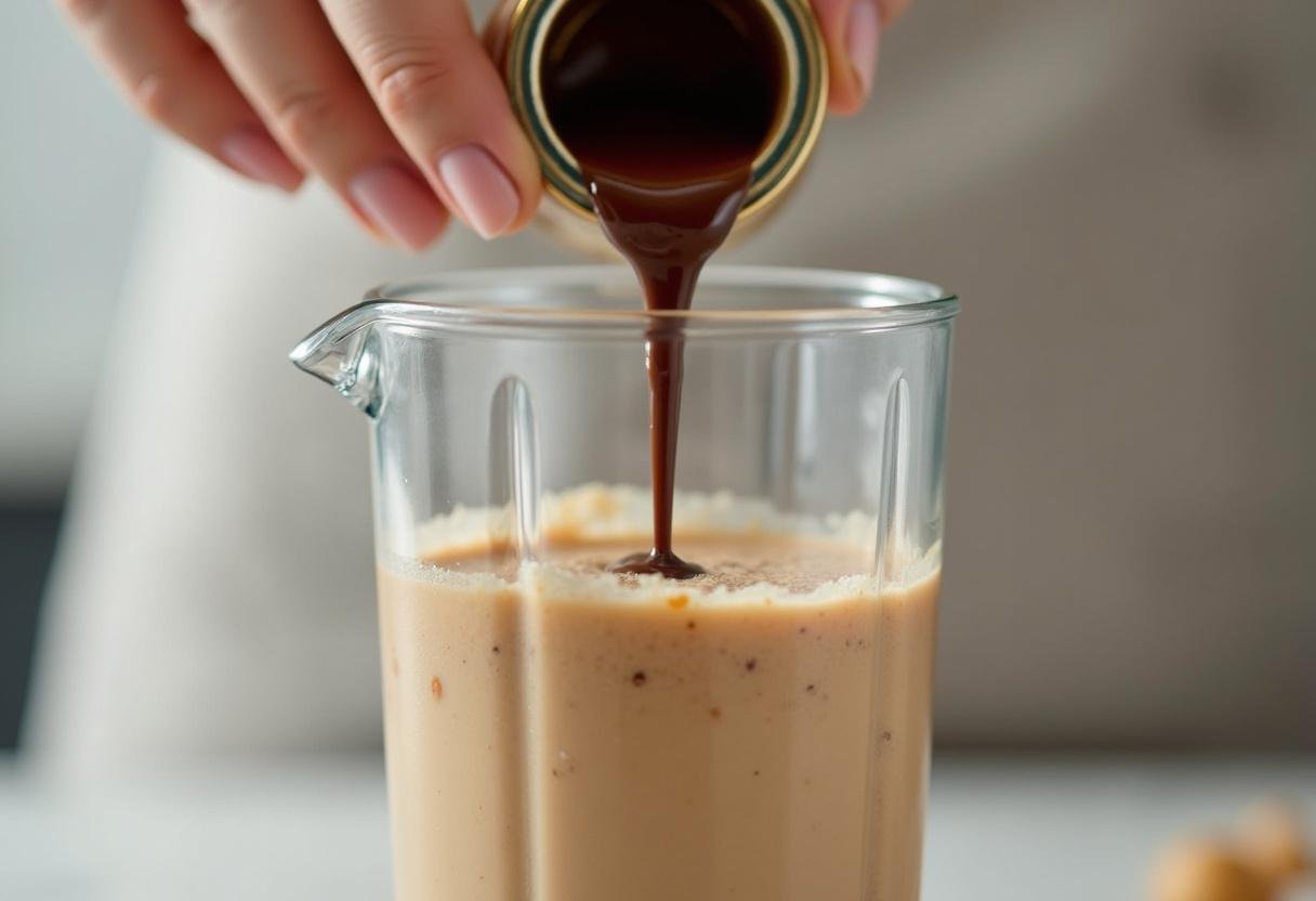 Adding chocolate syrup to the peanut butter milkshake for a rich flavor enhancement.