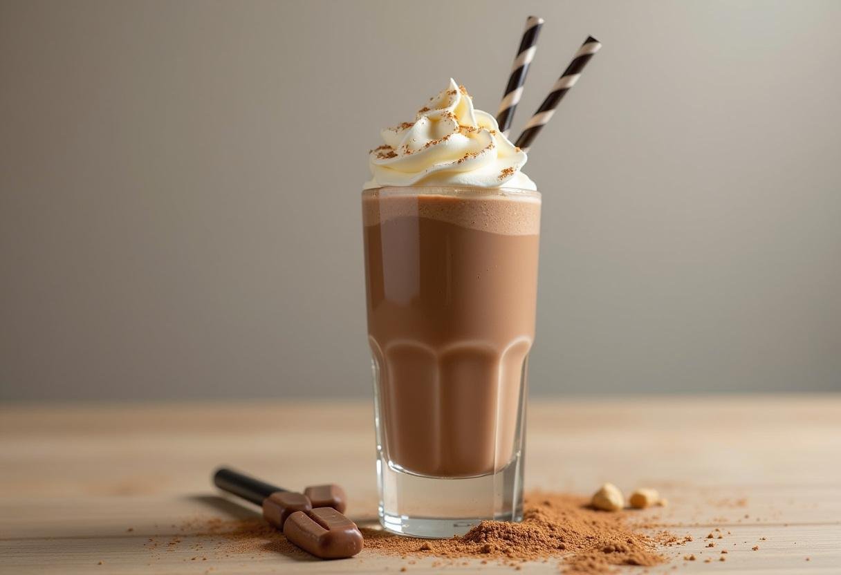 Pouring the finished peanut butter chocolate milkshake into a glass, topped with whipped cream.