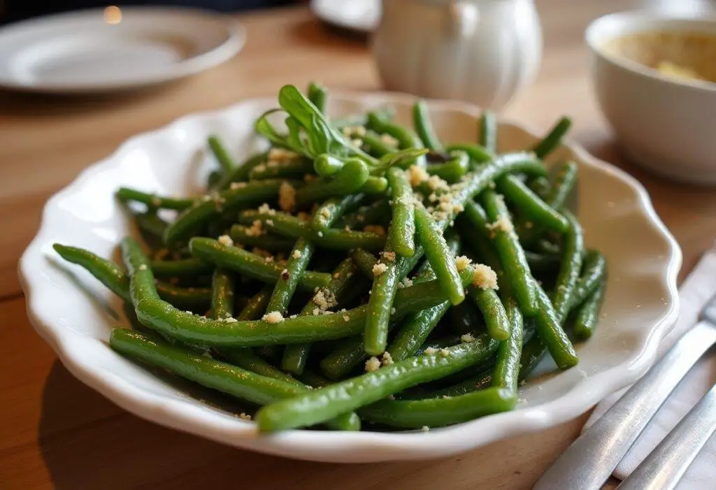 Delicious garlic roasted green beans served as a side dish, perfect for any meal.
