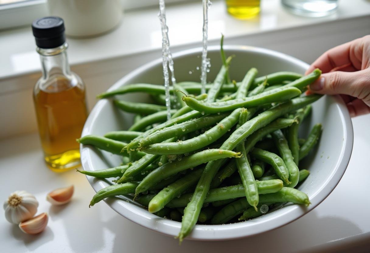 Washing fresh green beans for garlic roasted green beans recipe.