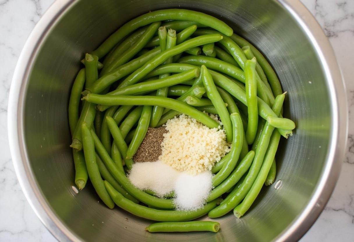Preparing to season green beans with garlic and olive oil for roasting.