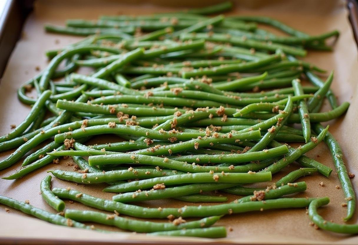 Green beans arranged on a baking sheet for garlic roasting in the oven.