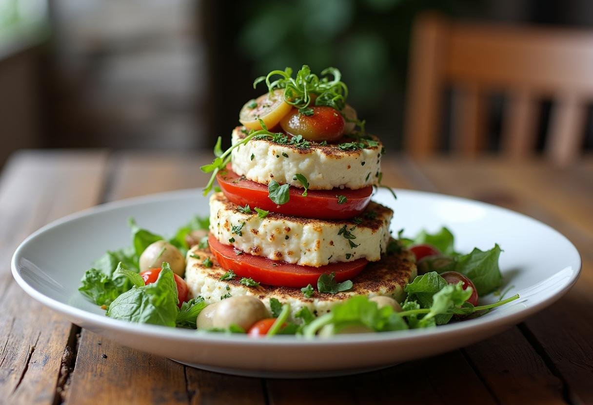 Finished Greek Feta Salad Tower beautifully presented, showcasing colorful vegetables and feta cheese.