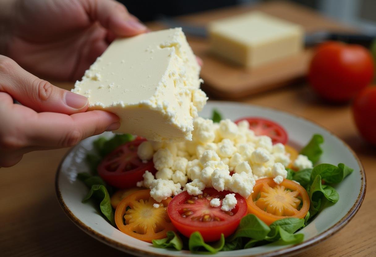Fresh feta cheese being crumbled over diced vegetables for Greek Feta Salad Tower.
