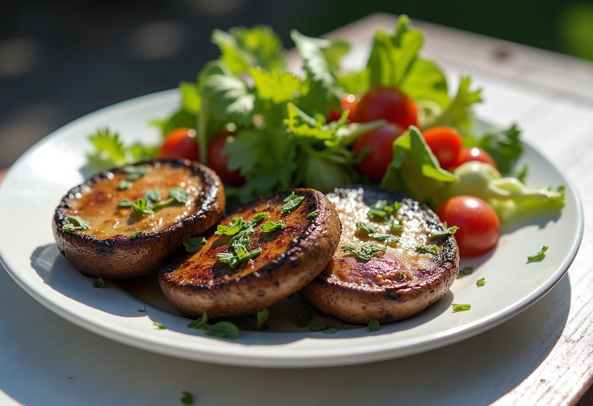 Finished grilled portobello mushrooms served on a plate with salad, perfect for a summer meal.