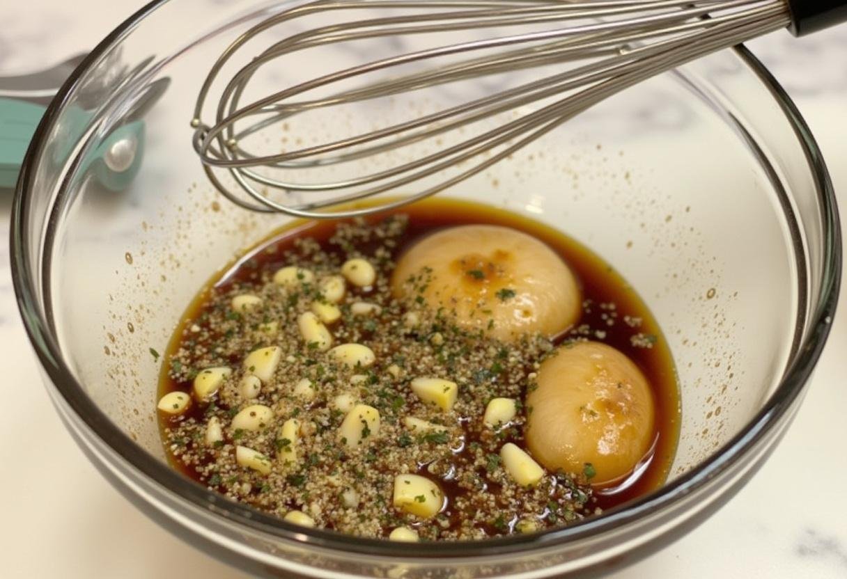 Marinade mixture for portobello mushrooms with garlic and herbs for grilling.