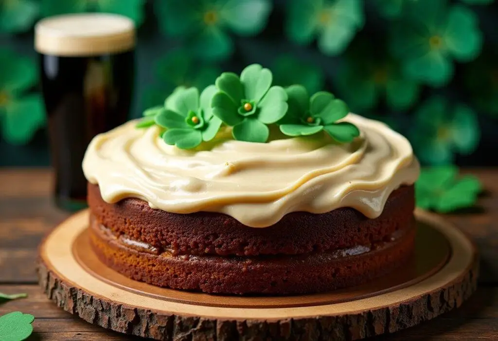 Finished Guinness Cake with Irish cream frosting, ideal for St. Patrick's Day celebrations.