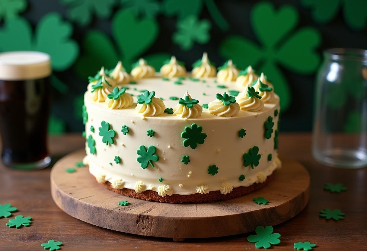Finished Guinness Cake with Irish cream frosting, ideal for St. Patrick's Day celebrations.