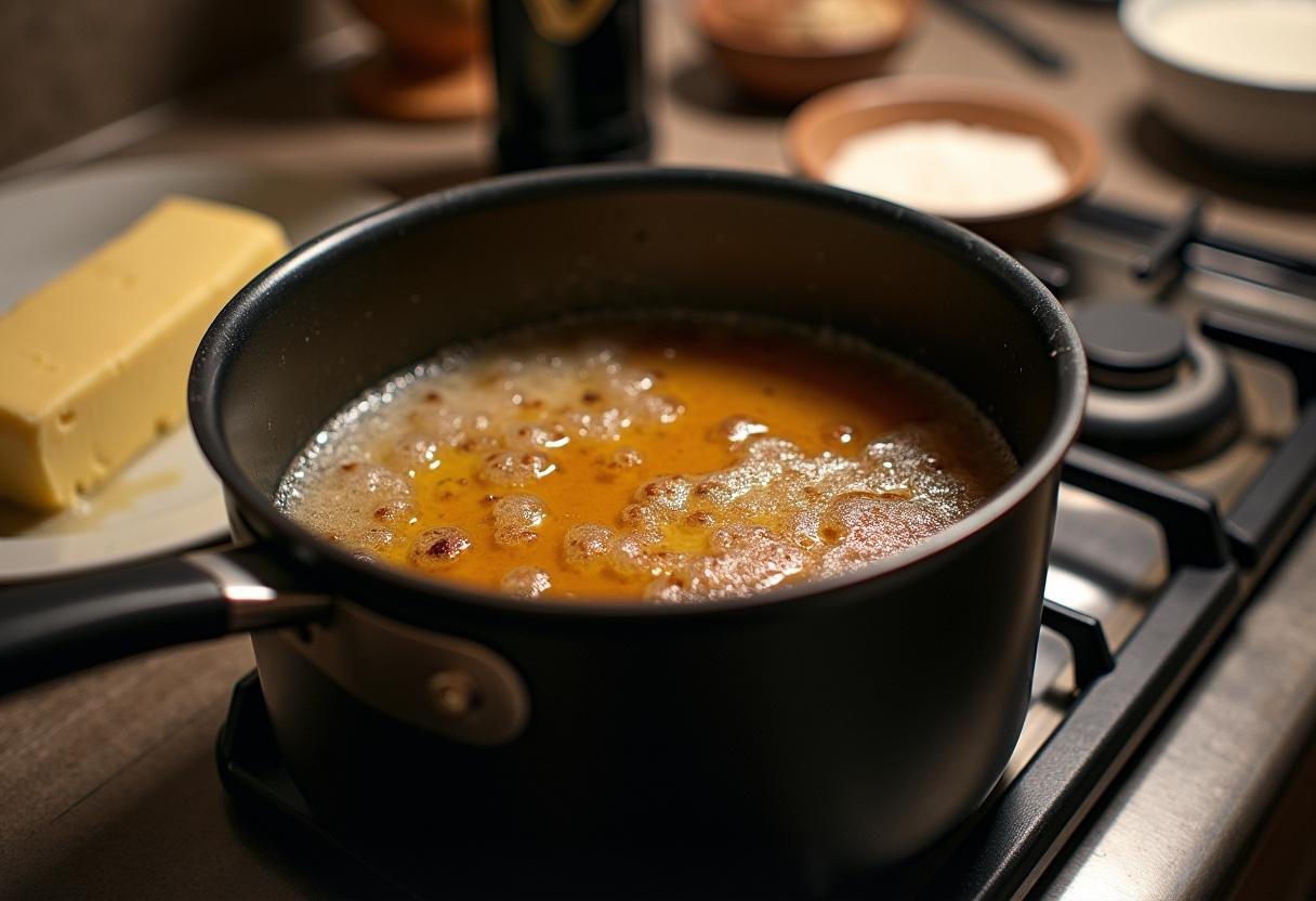 Heating Guinness and butter together for a rich Guinness Cake batter.