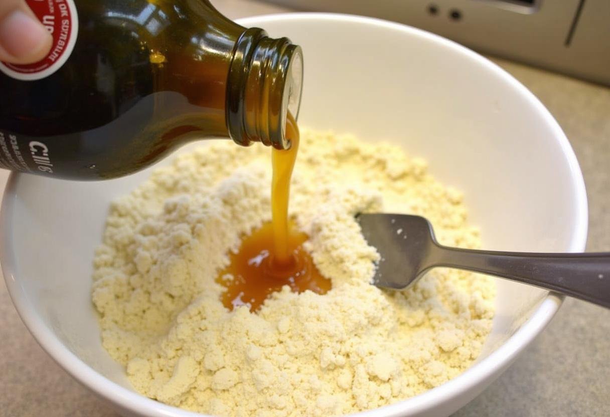Combining wet and dry ingredients to make the batter for Guinness Cake.