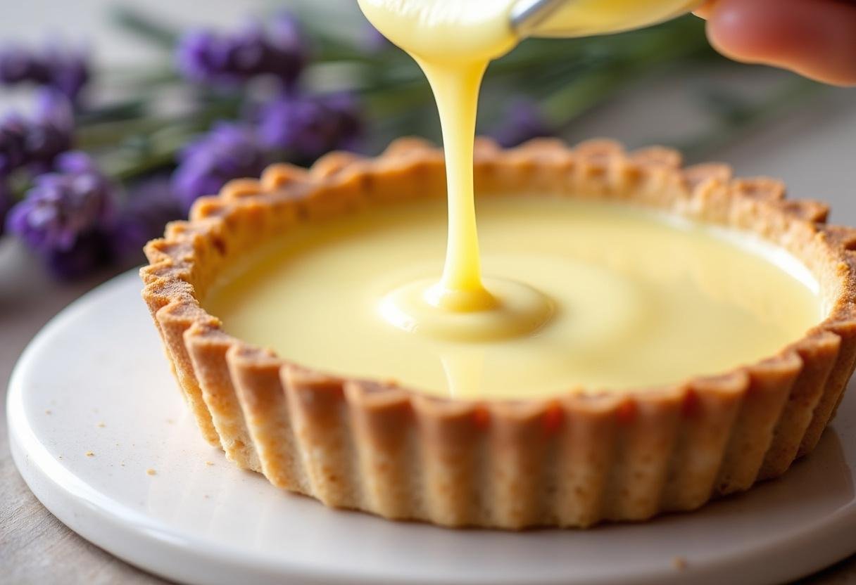 Filling a tart shell with creamy lemon lavender custard for Heavenly Lemon Lavender Tart.