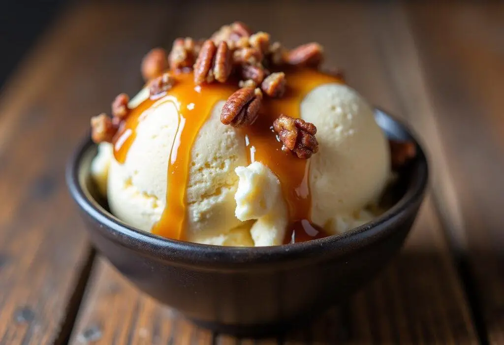 Delicious Homemade Butter Pecan Ice Cream served with caramel and crushed pecans, perfect for dessert.