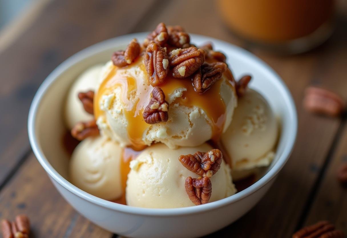 Delicious Homemade Butter Pecan Ice Cream served with caramel and crushed pecans, perfect for dessert.