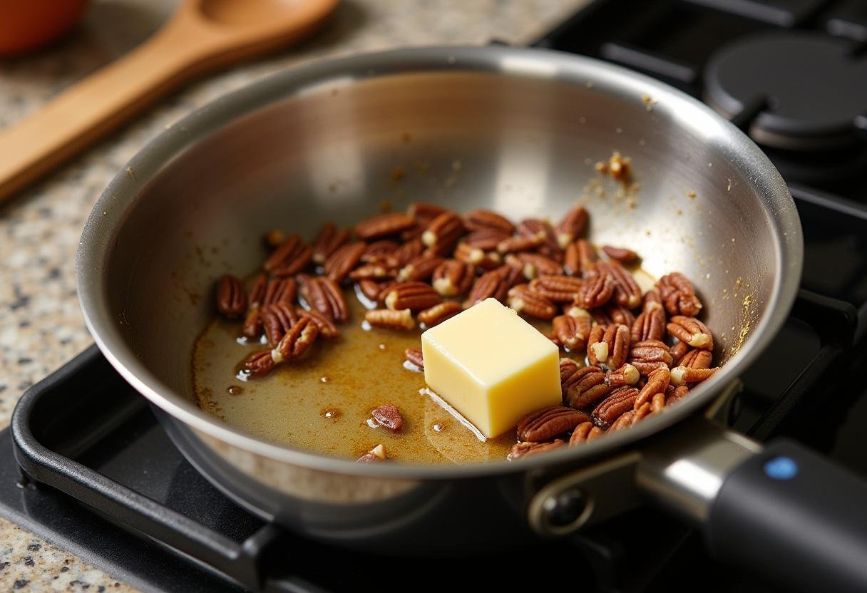 Melting butter with pecans in a saucepan for Homemade Butter Pecan Ice Cream recipe.