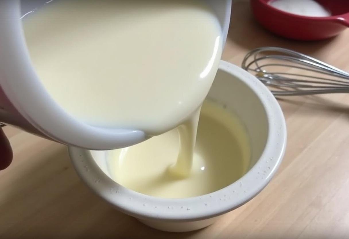 Cream and sugar mixture being poured into an ice cream churner for Butter Pecan Ice Cream.