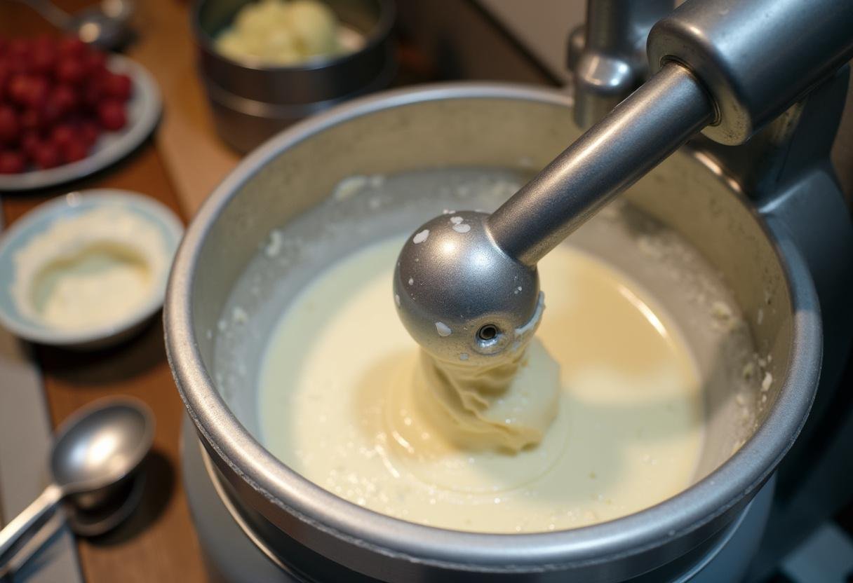 Churning ice cream mixture in an ice cream maker for Homemade Butter Pecan Ice Cream.