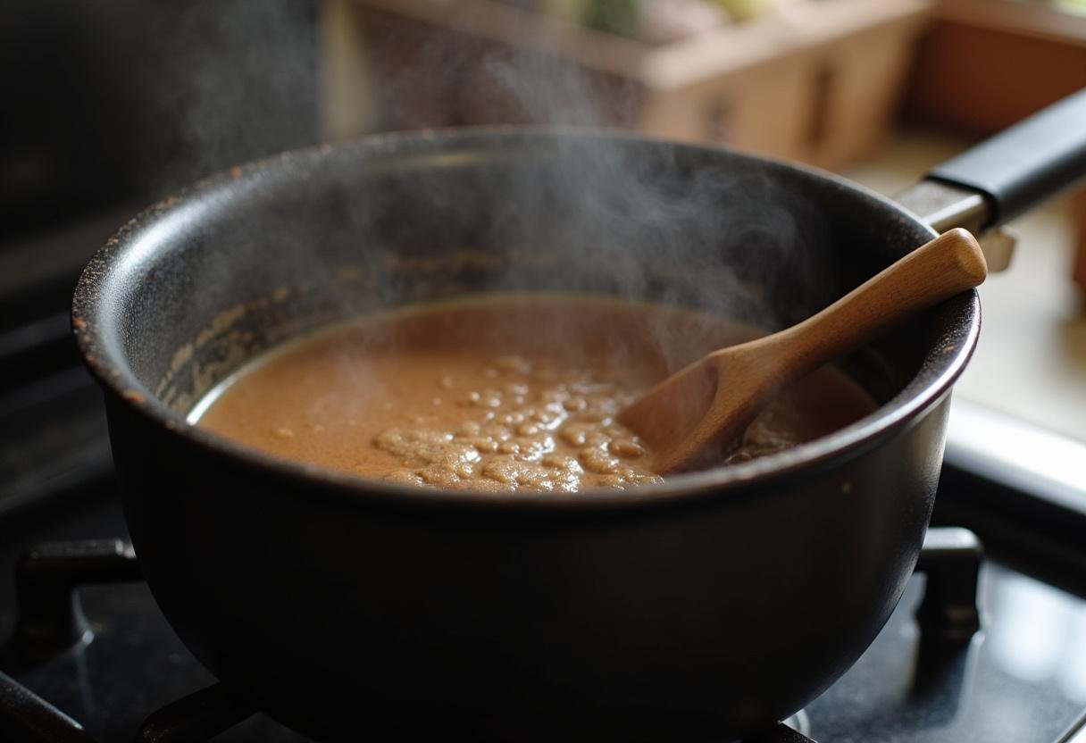 Heating coffee mixture in a saucepan for homemade coffee ice cream.