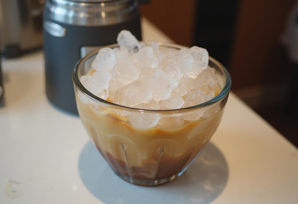 Preparing to churn homemade coffee ice cream mixture in an ice cream maker.