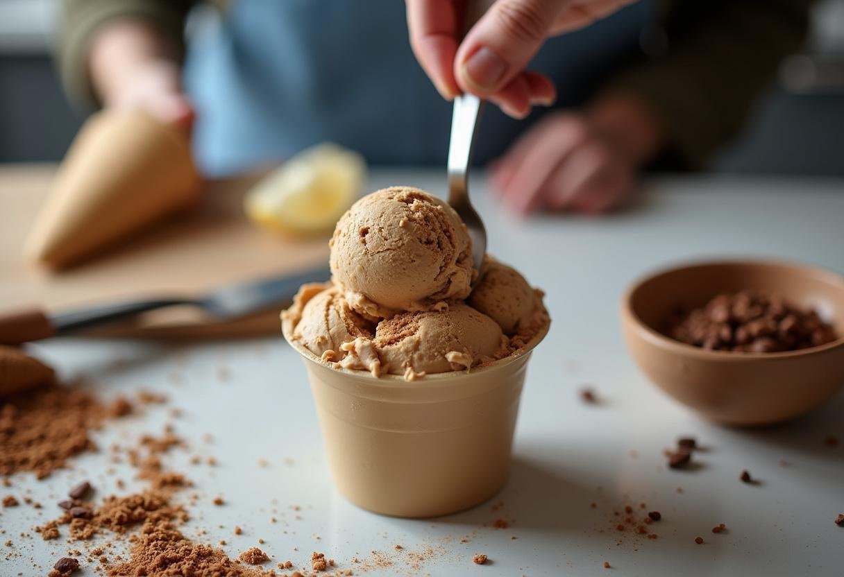 Scooping homemade coffee ice cream into a container, ready to freeze.