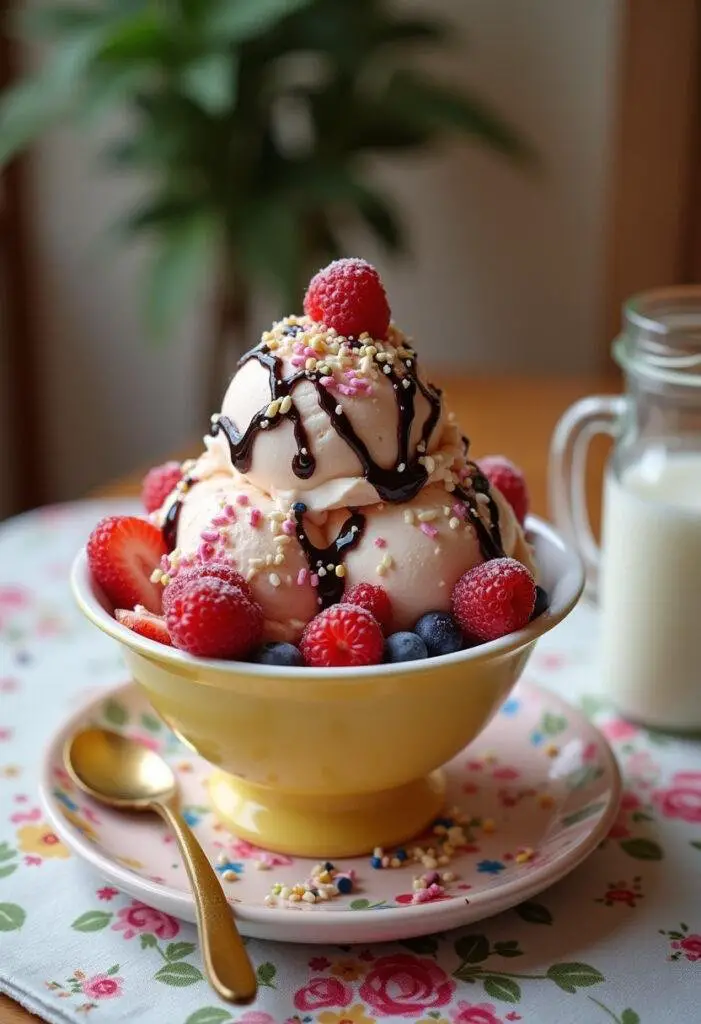 Delicious homemade ice cream served with toppings, perfect for a summer treat.