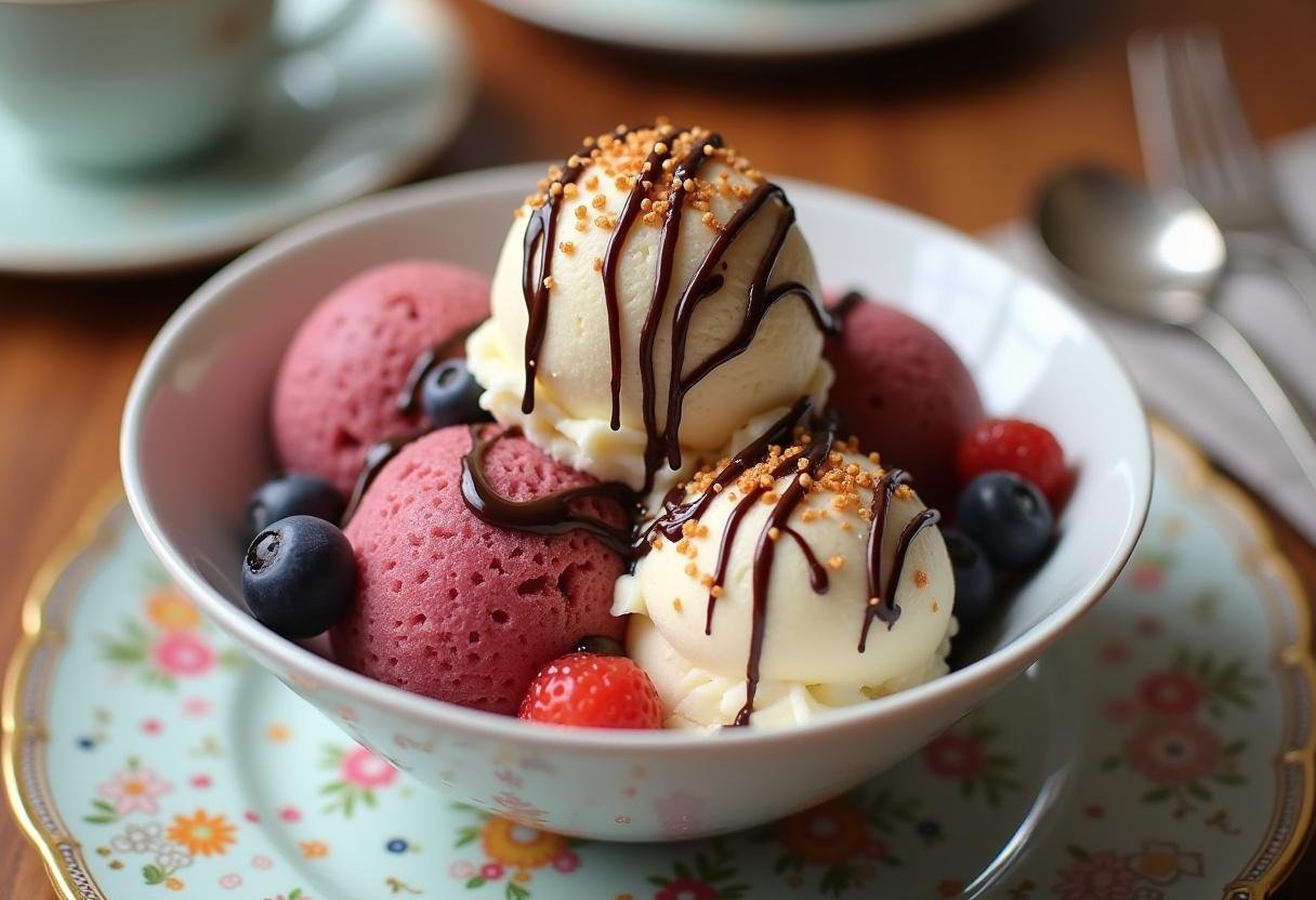 Delicious homemade ice cream served with toppings, perfect for a summer treat.