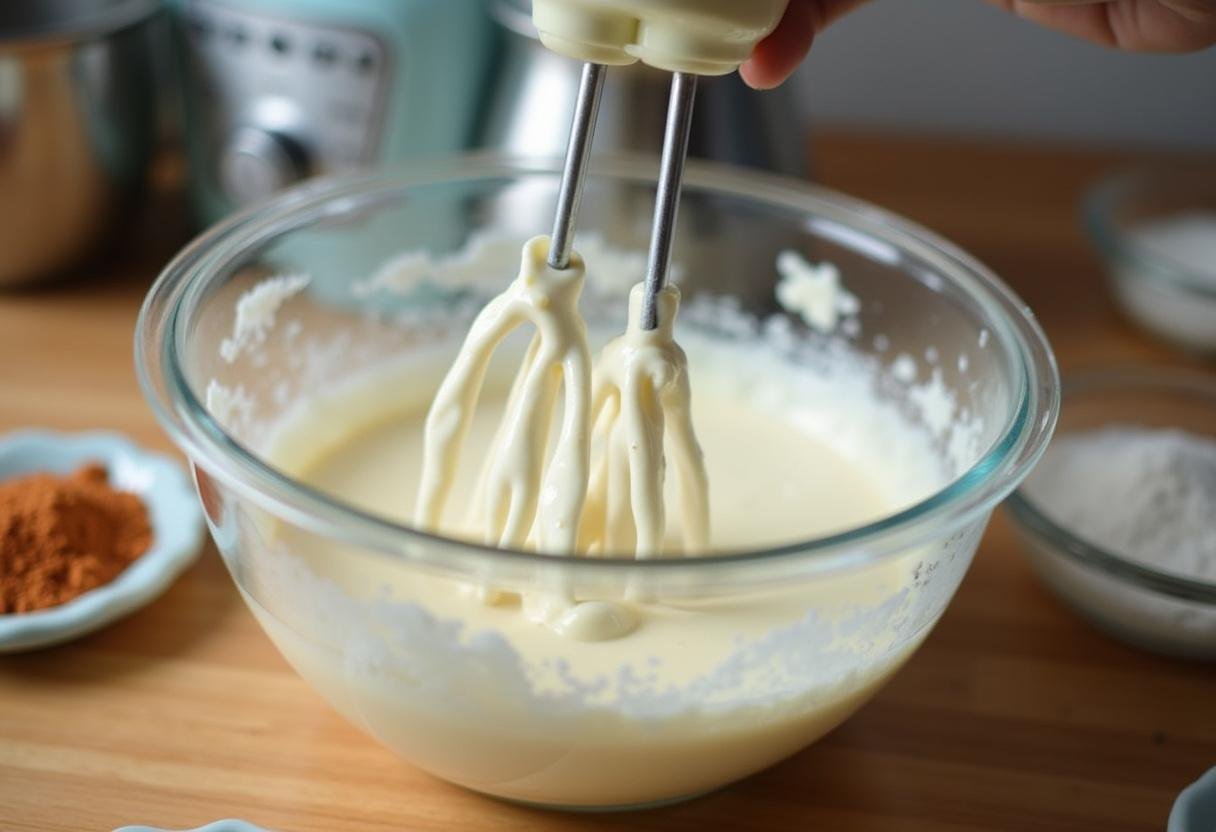 Cream and sugar being whisked together to create a base for homemade ice cream.