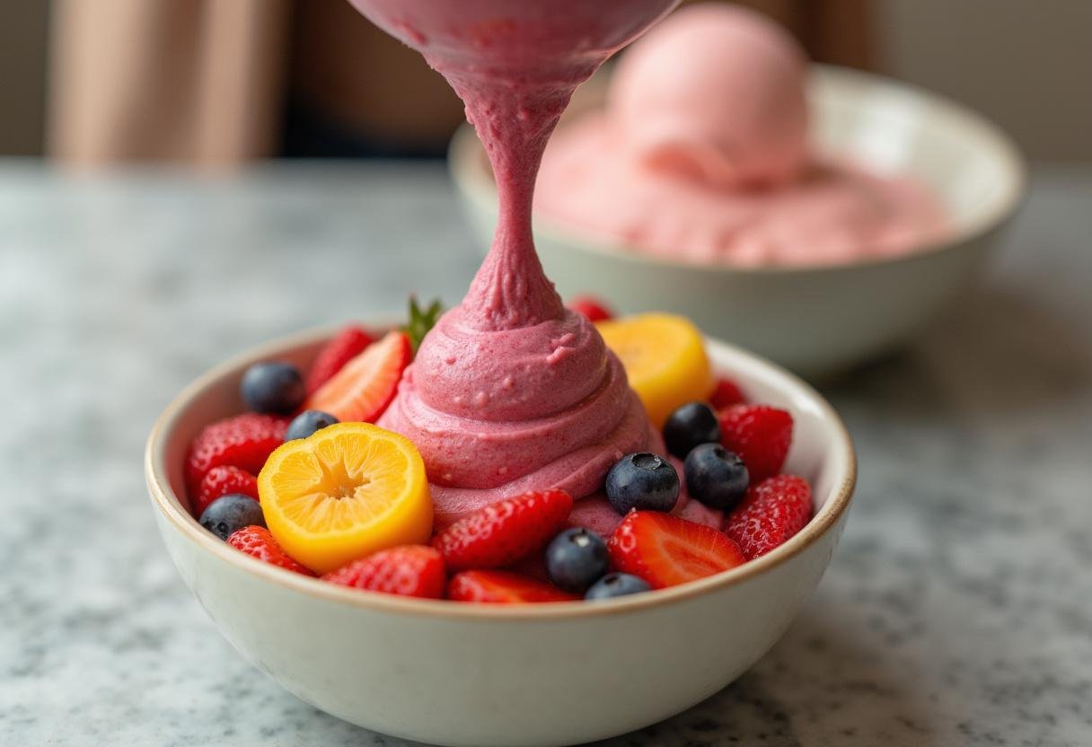 Fresh fruit being blended to create flavoring for homemade ice cream.